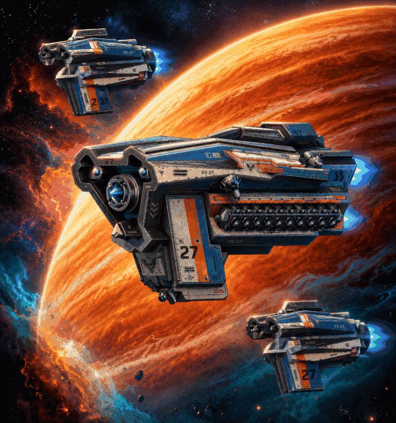 Sovereign class ships over a nebula-lit gas giant (key art)
